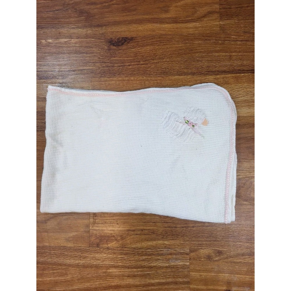 Vintage Sweet William White Waffle‎ Baby Crib Blanket Pink Trim